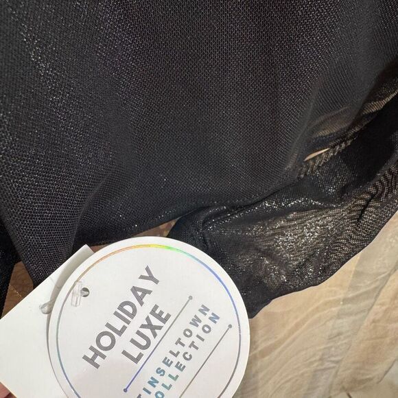 Tinsel Town Black Iridescent Shimmer Mock Neck Metallic Sheer Long Sleeve Top XL - Picture 5 of 6